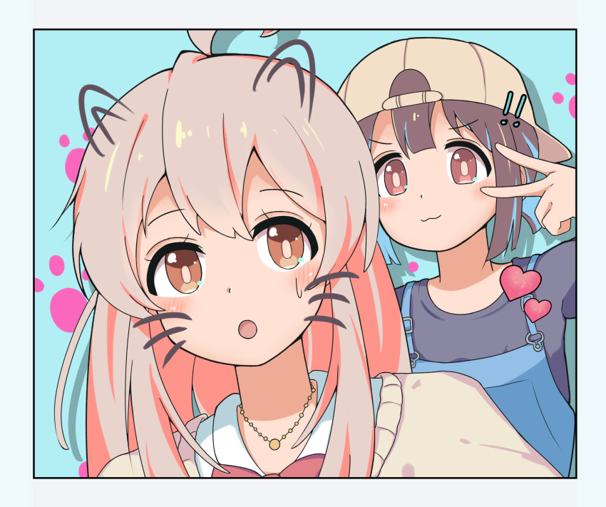 ! 2girls :3 :o ahoge backwards_hat baseball_cap black_shirt blue_background blue_hair blue_overalls bow bowtie brown_eyes brown_hair commentary_request cruvie drawn_ears drawn_whiskers hat heart highres hozuki_momiji jacket jewelry light_blush long_hair looking_at_viewer multicolored_hair multiple_girls necklace onii-chan_wa_oshimai! open_mouth overalls oyama_mahiro pink_hair ponytail red_bow red_bowtie shirt short_hair short_ponytail simple_background smile two-tone_hair v white_shirt yellow_jacket