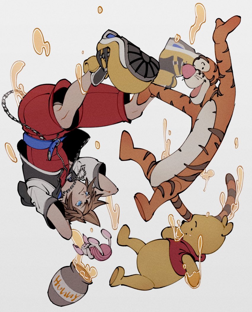 1boy arms_behind_head arms_up belt blue_belt blue_eyes brown_hair falling highres honey honeypot hood hooded_jacket jacket jewelry kingdom_hearts light_smile male_focus necklace oimo_(oimkimn) outstretched_arms piglet_(winnie_the_pooh) pooh shoes short_hair short_sleeves simple_background sora_(kingdom_hearts) spiked_hair tigger upside-down winnie_the_pooh yellow_shoes