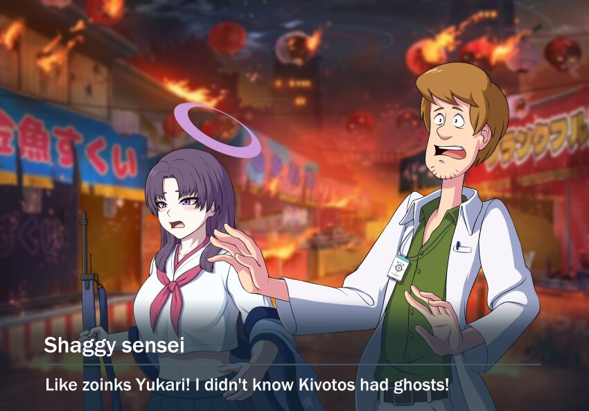 1boy 1girl absurdres blue_archive character_name commentary crossover dialogue_box english_commentary english_text facial_hair fire gun halo highres holding holding_gun holding_weapon lab_coat lanyard long_hair market_stall nightingery purple_hair rifle schale_logo scooby-doo shaggy_rogers short_hair stubble surprised weapon yukari_(blue_archive)