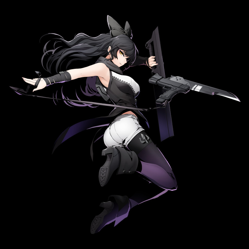 1girl ass black_hair blake_belladonna blazblue blazblue:_cross_tag_battle boots bow cat_eyes combination_weapon female_focus gambol_shroud gun hair_bow handgun high_heel_boots high_heels highres higuchi_konomi jumping long_hair official_art pistol pistol_sword purple_legwear rwby shorts solo weapon white_background white_shorts yellow_eyes