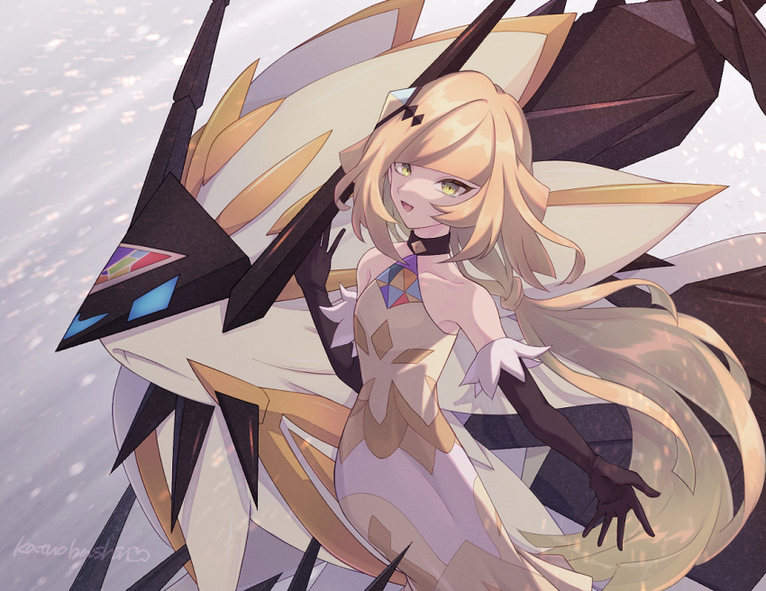 1girl :d bare_shoulders black_choker blonde_hair blunt_bangs brown_gloves choker commentary_request dress elbow_gloves gen_7_pokemon gloves green_eyes hair_ornament katuobushi04 legendary_pokemon long_hair looking_at_viewer lusamine_(pokemon) lusamine_(sygna_suit)_(pokemon) necrozma necrozma_(dusk_mane) nintendo official_alternate_costume open_mouth pokemon pokemon_(creature) pokemon_masters_ex signature smile tongue yellow_dress