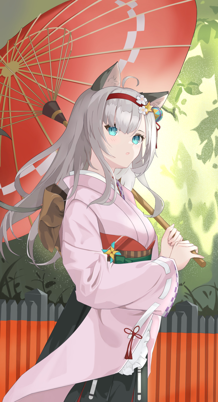 1girl :o absurdres ahoge arknights blue_eyes commentary cosplay cowboy_shot fence flower grey_hair hair_flower hair_ornament hairband highres holding holding_umbrella japanese_clothes kimono long_hair long_sleeves mint_(arknights) oil-paper_umbrella parasol parted_lips pink_kimono red_hairband ribbon-trimmed_sleeves ribbon_trim solo standing suzuran_(arknights) suzuran_(arknights)_(cosplay) suzuran_(yukibare)_(arknights) suzuran_(yukibare)_(arknights)_(cosplay) tassel umbrella white_flower yagasuri yoru_tukibosi