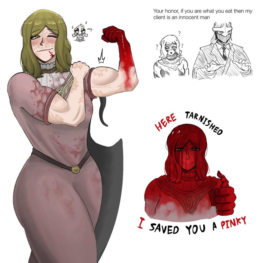1girl anastasia_(elden_ring) anastasia_tarnished-eater better_call_saul biceps blonde_hair blood blood_on_clothes blood_on_hands bloody_wolf_(elden_ring) blush breaking_bad chibi elden_ring english_text eyegotboner flexing formal_clothes highres muscular muscular_female robe severed_finger solo sparkle suit tarnished_(elden_ring) white_background