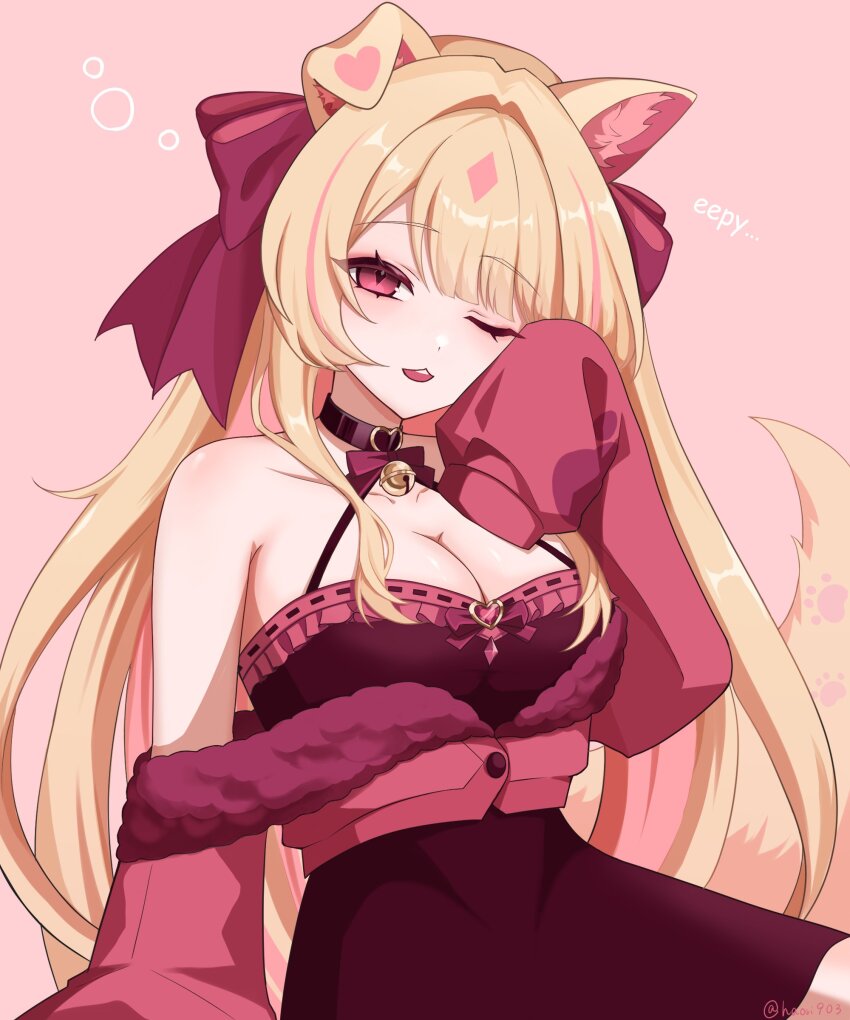 1girl absurdres animal_ears artist_name bare_shoulders bell black_choker blonde_hair bow breasts cardigan choker cleavage collarbone commentary commission diamond_(shape) dog_ears dog_girl dog_tail dress english_commentary hair_intakes hand_up haori903 heart heart-shaped_gem heart_choker heart_print highres indie_virtual_youtuber large_breasts long_hair long_sleeves looking_at_viewer multicolored_hair neck_bell off-shoulder_cardigan off_shoulder one_eye_closed parted_lips paw_print pink_background pink_streaks red_bow red_cardigan red_dress red_eyes short_dress simple_background sleeves_past_fingers sleeves_past_wrists solo squeans streaked_hair swept_bangs tail tenshina_(vtuber) twitter_username vgen_commission virtual_youtuber