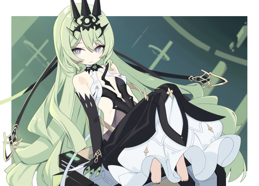 1girl barefoot black_dress black_gloves black_tiara border breasts burumanoeat commentary_request dress earrings elbow_gloves feet gloves green_background green_hair highres honkai_(series) honkai_impact_3rd jewelry long_hair mobius_(honkai_impact) parted_lips slit_pupils small_breasts solo spikes tiara toes very_long_hair white_border