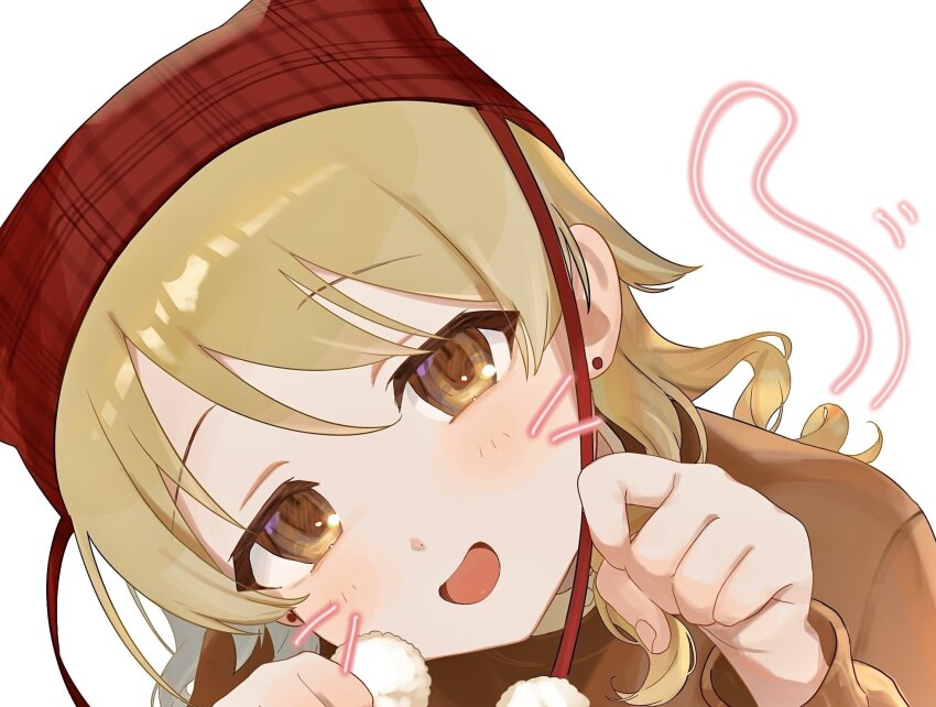 1girl animal_hat blush brown_eyes brown_sweater cat_hat earrings hands_up hat head_tilt highres idolmaster idolmaster_cinderella_girls jewelry kamin_(monemasu) light_brown_hair long_sleeves looking_at_viewer morikubo_nono motion_lines open_mouth paw_pose pom_pom_(clothes) simple_background smile solo stud_earrings sweater tail tail_wagging upper_body whiskers white_background