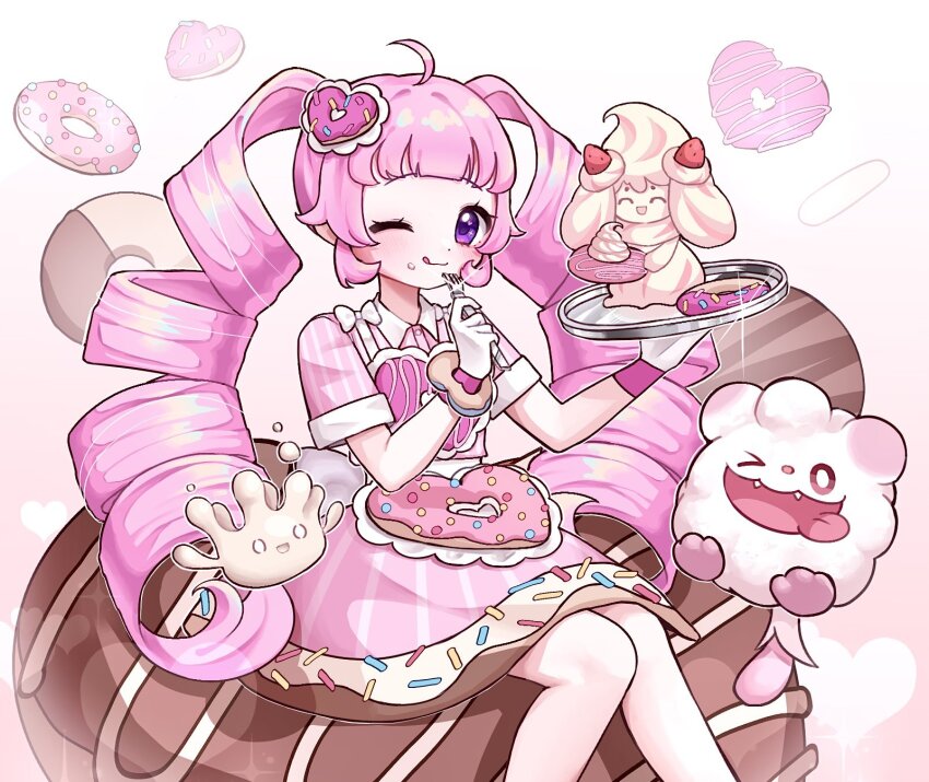 &gt;_o 1girl :d :q ahoge alcremie aozora_himari blush bow bright_pupils closed_eyes crossover donut donut_hair_ornament donut_print dot_nose dress dress_bow drill_hair fangs food food-themed_clothes food-themed_hair_ornament food_print fork fruit gen_6_pokemon gen_8_pokemon gloves hair_ornament hands_up highres himitsu_no_aipri holding holding_fork holding_tray knees_together_feet_apart long_hair looking_at_viewer medium_dress milcery nintendo one_eye_closed open_mouth outline pantyhose pink_dress pokemon pokemon_(creature) pq_(pq_owo) pretty_series purple_eyes short_sleeves sidelocks simple_background sitting smile strawberry striped_clothes striped_dress swirlix tongue tongue_out tray twin_drills vertical-striped_clothes vertical-striped_dress white_background white_bow white_gloves white_outline white_pantyhose white_pupils