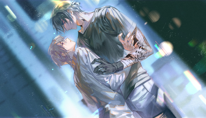 2boys arm_tattoo black_gloves black_shirt blurry brown_hair closed_mouth eye_contact gloves green_hair highres long_sleeves looking_at_another male_focus multiple_boys original pants shirt short_hair short_sleeves tattoo white_shirt yaoi yinzinmiemie
