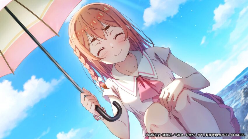 1girl blue_sky bow braid closed_eyes closed_mouth collared_shirt copyright_notice day dutch_angle facing_viewer hair_bow hand_on_own_knee highres holding holding_umbrella kanojo_okarishimasu medium_hair official_art outdoors pink_hair pink_shirt pink_skirt pink_umbrella sakurasawa_sumi shirt short_sleeves side_braid skirt sky smile solo squatting umbrella white_bow