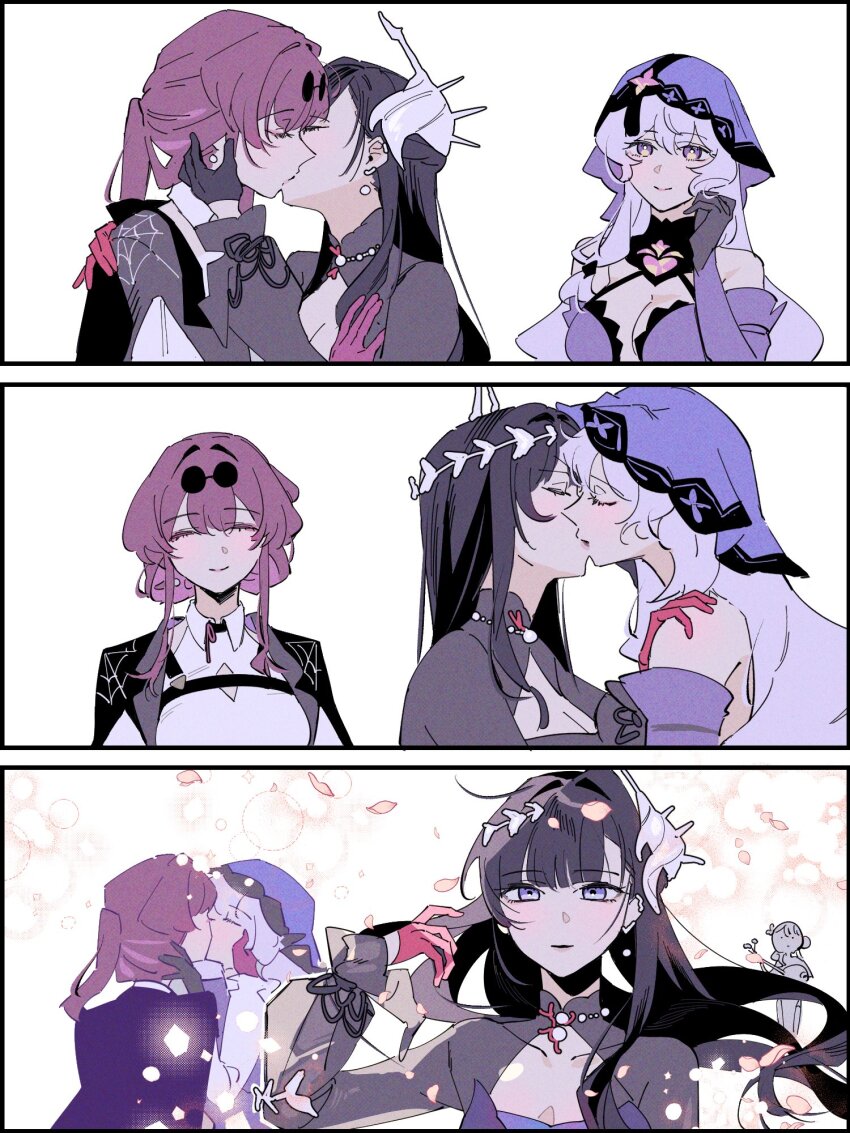 4girls black_gloves black_hair black_jacket black_swan_(honkai:_star_rail) closed_eyes closed_mouth collared_shirt commentary_request d0600059994959 elite_throuple_kiss_(meme) eyewear_on_head falling_petals gloves hand_on_another&#039;s_face highres honkai:_star_rail honkai_(series) hysilens_(honkai:_star_rail) jacket kafka_(honkai:_star_rail) korean_commentary long_hair looking_at_viewer meme multiple_girls petals polyamory ponytail purple_eyes purple_gloves purple_hair ruan_mei_(honkai:_star_rail) shirt smile sunglasses veil white_shirt yuri