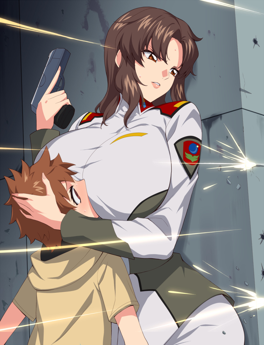 1boy 1girl brown_hair face_to_breasts gun gundam gundam_seed highres kloah murrue_ramius weapon