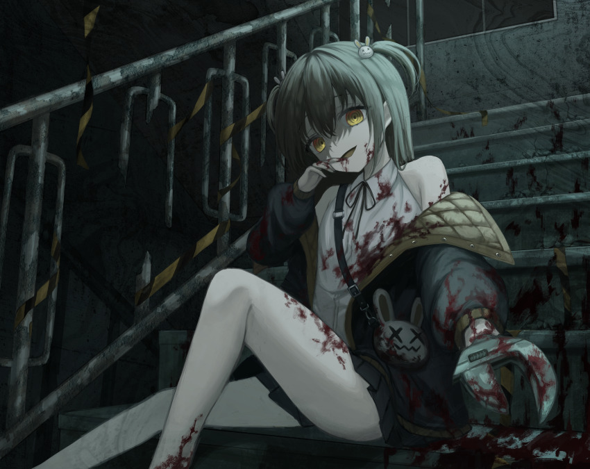 1girl absurdres animal_bag bag bare_shoulders black_jacket black_skirt blood blood_on_clothes blood_on_face blood_on_hands blood_on_leg collared_shirt dark evil_smile feet_out_of_frame finger_in_own_mouth flat_chest hair_ornament highres horror_(theme) jacket kkamkkam long_hair miniskirt neck_ribbon off-shoulder_jacket off_shoulder on_stairs open_clothes open_jacket original pleated_skirt prosthesis prosthetic_hand quilted_jacket rabbit_bag rabbit_hair_ornament railing ribbon ringed_eyes shirt shoulder_bag sitting skirt sleeveless sleeveless_shirt smile solo stairs two-sided_fabric two-sided_jacket two_side_up white_shirt wrench yellow_eyes