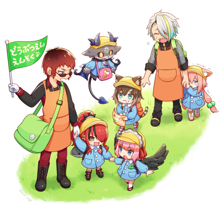 1other 2boys 4girls :3 aged_down alternate_costume animal_bag animal_ears apron backpack bag bag_of_chips bans black_eyes black_pants black_wings blue_dress blue_eyes boots border brown_hair cat_ears cat_girl cat_tail closed_eyes collared_dress commentary_request crying crying_with_eyes_open debidebi_debiru demon dress ears_down ears_through_headwear eating fading_border feathered_wings fish_hair_ornament flag flying full_body fumino_tamaki glaring gloves gradient_hair grass green_bag grey_hair hair_ornament hair_through_headwear half-closed_eyes hat high_ponytail highres hinata_channel holding holding_bag holding_flag holding_hands indie_virtual_youtuber jacket kindergarten_teacher kindergarten_uniform knee_boots lain_paterson long_sleeves looking_at_another low_twintails maasa multicolored_hair multiple_boys multiple_girls nekomiya_hinata nijisanji orange_apron pants pink_hair ponytail red_hair red_pants scared school_hat senba_kurono shark_bag sharp_teeth short_sleeves shoulder_bag small_sweatdrop smile standing streaked_hair sunglasses tail tears teeth tenkai_tsukasa thick_eyebrows track_jacket translation_request trembling twintails twitter_username utai_meika v-shaped_eyebrows virtual_youtuber white_gloves wings