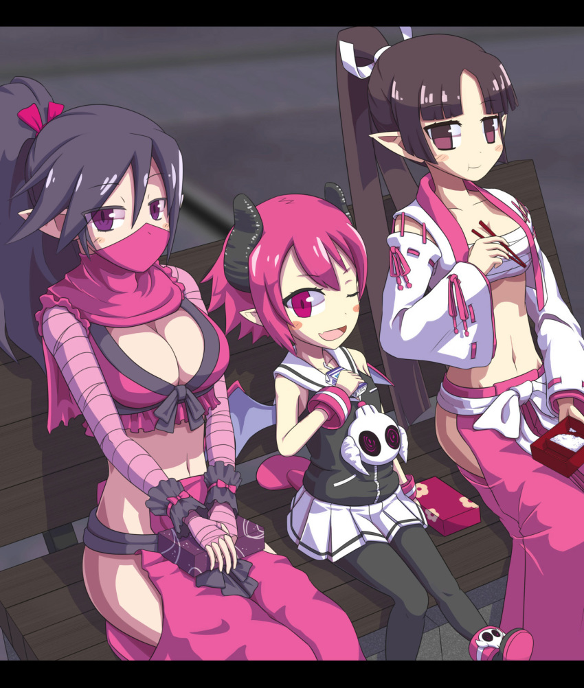 3girls asuka_cranekick bench bento black_hair blush_stickers breasts check_commentary chopsticks cleavage collarbone commentary commentary_request demon_horns demon_tail demon_wings disgaea drinking_straw eating flat_chest frilled_skirt frills halcyon_(halcyon90) highres horns juice_box kyoko_needleworker large_breasts long_hair looking_at_viewer makai_senki_disgaea_3 mask medium_breasts mouth_mask multiple_girls ninja ninja_mask one_eye_closed pants pantyhose pink_eyes pink_hair pink_pants pink_scarf pink_skirt pointy_ears ponytail purple_eyes raspberyl rice sarashi scarf short_hair sidelocks sitting skirt tail white_skirt wings wristband