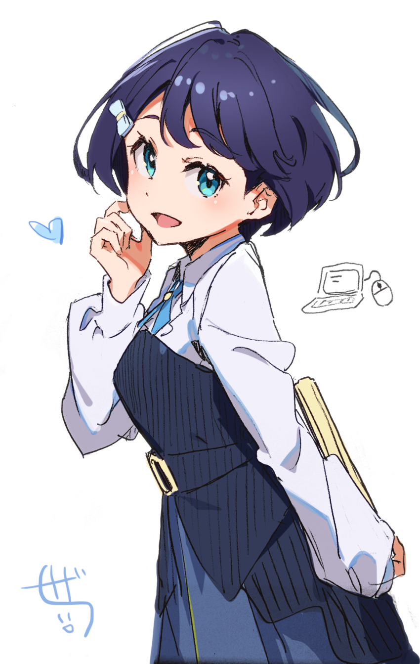 1girl :d azabu_mai blue_dress blue_eyes bob_cut bolo_tie collared_shirt commentary computer doodle_inset dress hair_ornament hairclip heart highres holding holding_laptop hotechige ikizulive!_love_live!_bluebird laptop long_sleeves looking_at_viewer love_live! open_mouth purple_hair shirt short_hair signature simple_background smile solo strapless strapless_dress symbol-only_commentary white_background white_shirt