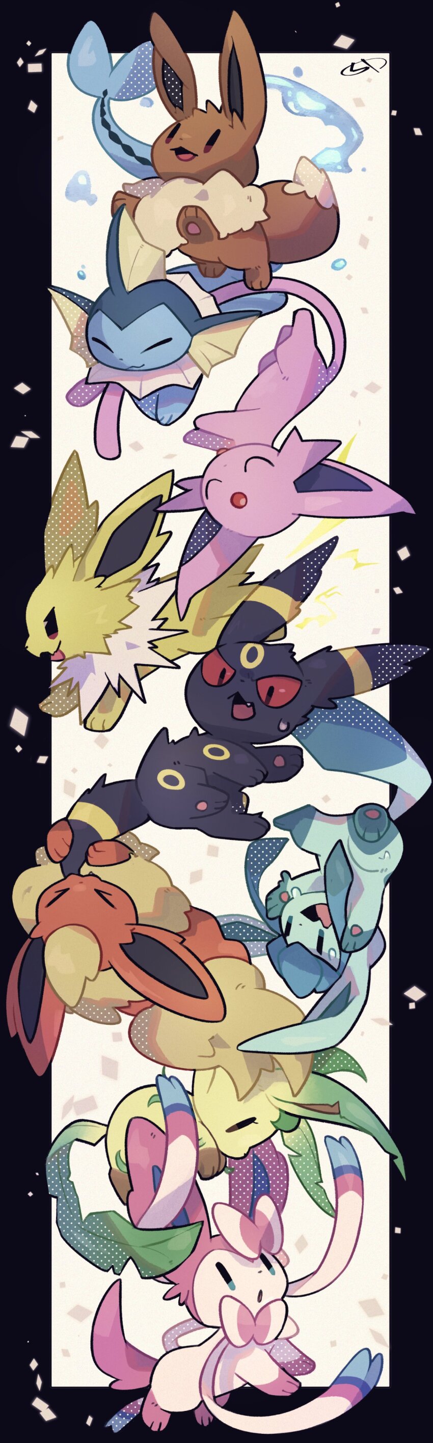 &gt;_&lt; absurdres animal_focus biting biting_another&#039;s_tail black_eyes brown_eyes closed_eyes colored_sclera commentary_request eevee espeon fang flareon floating gen_1_pokemon gen_2_pokemon gen_4_pokemon gen_6_pokemon glaceon highres jolteon leafeon nintendo no_humans open_mouth pokemon pokemon_(creature) purple_eyes rakkonokawa red_sclera sylveon tail umbreon vaporeon