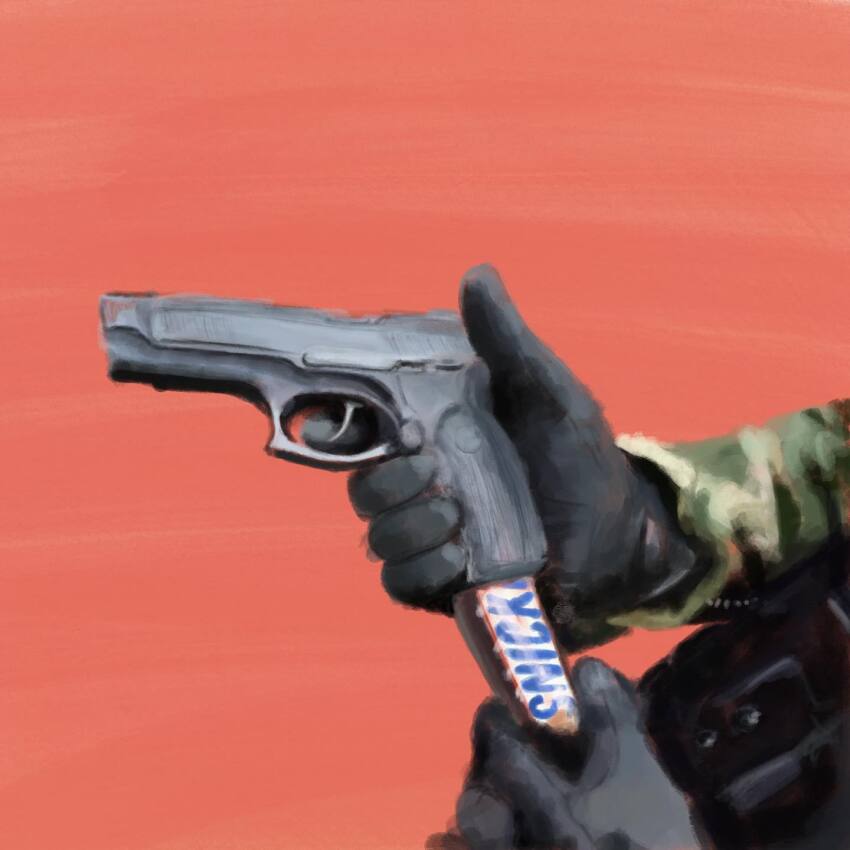 1other ambiguous_gender black_gloves camouflage camouflage_jacket candy commentary faux_traditional_media finger_on_trigger food gloves green_jacket gun handgun highres holding holding_candy holding_food holding_gun holding_weapon jacket mp-443_grach orange_background original out_of_frame painterly product_placement reloading snack snickers_(brand) solo symbol-only_commentary trigger_discipline wavypeso weapon weapon_focus wrapped_candy