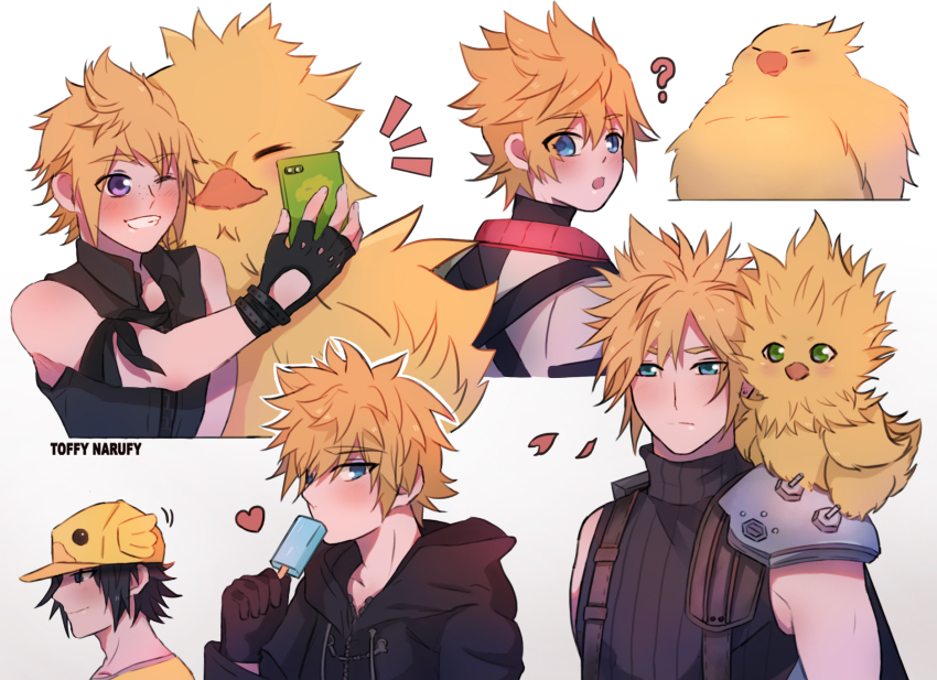 5boys :o ? animal animal_on_shoulder arm_up armor bandana bandana_around_arm baseball_cap bird bird_on_shoulder black_bandana black_coat black_coat_(kingdom_hearts) black_hair black_shirt black_sweater blonde_hair blue_eyes blush buster_sword cellphone chocobo closed_eyes coat commentary crossover eating english_commentary expressionless facing_to_the_side falling_petals fat_chocobo final_fantasy final_fantasy_vii final_fantasy_xv fingerless_gloves food food_in_mouth freckles gloves gradient_background green_eyes grey_background grin hand_up hat heart high_collar highres holding holding_phone hood hood_down kingdom_hearts kingdom_hearts_birth_by_sleep kingdom_hearts_ii light_smile looking_back male_focus multiple_boys noctis_lucis_caelum official_alternate_costume one_eye_closed open_mouth pauldrons petals phone popsicle popsicle_in_mouth prompto_argentum purple_eyes red_petals selfie shirt short_hair shoulder_armor simple_background single_pauldron sleeveless sleeveless_shirt sleeveless_turtleneck smartphone smile spiked_hair suspenders sweater sword sword_on_back toffy_narufy turtleneck turtleneck_shirt turtleneck_sweater twitter_username weapon weapon_on_back yellow_bird yellow_shirt