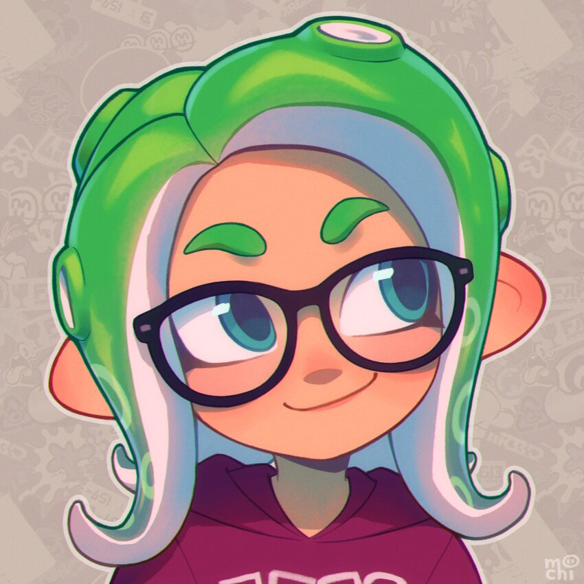 1girl absurdres aqua_eyes artist_name black-framed_eyewear chromatic_aberration closed_mouth commission facing_viewer forehead glasses gradient_hair green_hair highres hood hood_down inkumochi looking_to_the_side multicolored_hair nintendo octoling_girl octoling_player_character outline parted_hair patterned_background pointy_ears portrait red_hood smile solo splatoon_(series) suction_cups tentacle_hair thick_eyebrows white_outline