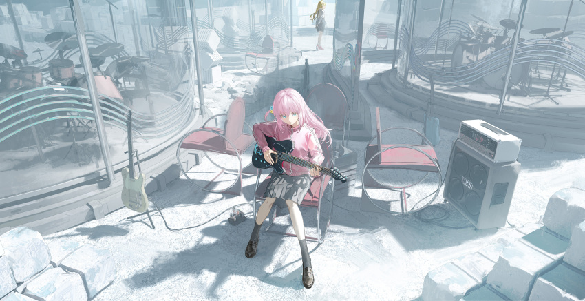 2girls absurdres amplifier ata-zhubo block_(object) blonde_hair blue_eyes bocchi_the_rock! brown_footwear cable chair commentary cube_hair_ornament drum drum_set electric_guitar english_commentary from_side full_body glass_wall gotoh_hitori grey_skirt grey_socks guitar hair_ornament highres holding holding_guitar holding_instrument ijichi_nijika instrument jacket loafers long_hair long_sleeves multiple_girls music outdoors pink_hair pink_jacket playing_guitar playing_instrument pleated_skirt shoes side_ponytail single_vertical_stripe sitting skirt socks solo_focus speaker standing track_jacket