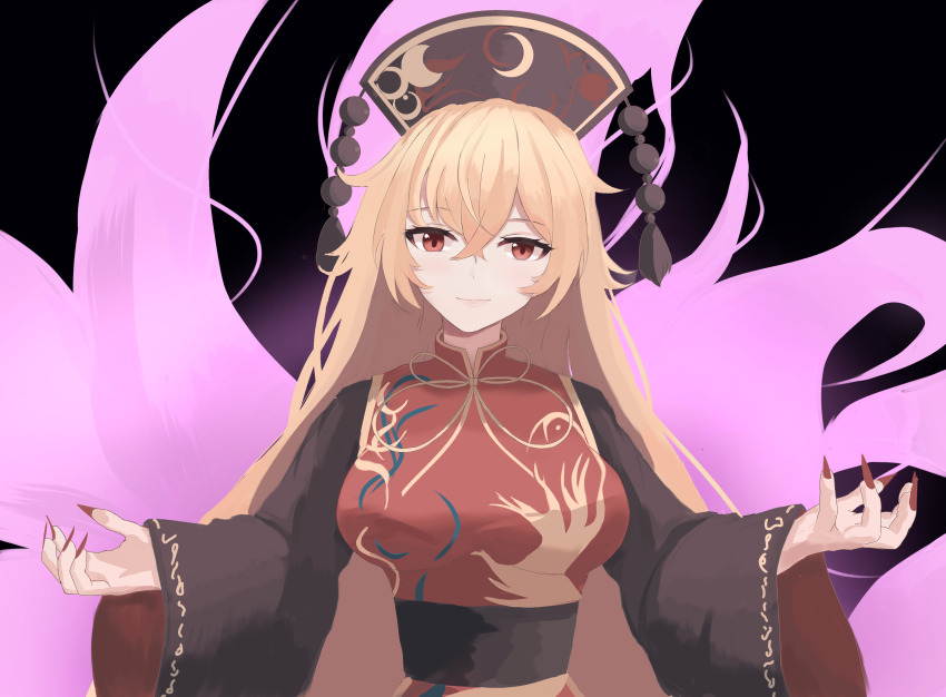 1girl absurdres belt black_background black_belt black_dress black_hat blonde_hair breasts chinese_clothes closed_mouth commentary_request crescent crescent_print crossed_bangs dalachi_(headdress) dress energy fingernails hair_between_eyes hands_up hat highres junko_(touhou) kaede_sui large_breasts long_fingernails long_hair long_sleeves looking_at_viewer mandarin_collar nail_polish neck_ribbon phoenix_print pom_pom_(clothes) red_eyes red_nails red_tabard ribbon simple_background smile solo tabard tassel touhou upper_body wide_sleeves yellow_ribbon