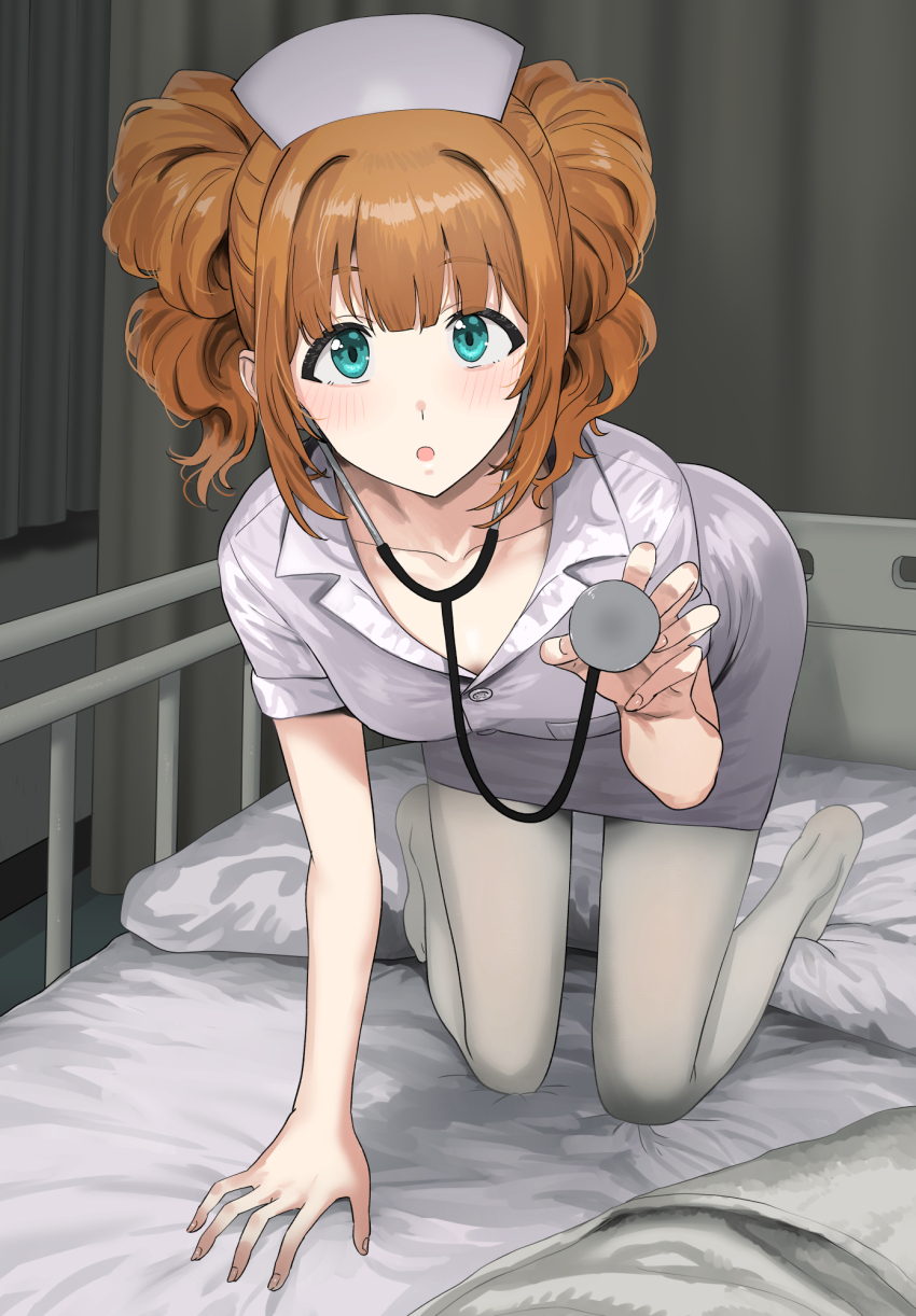 1girl :o all_fours alternate_costume bed blunt_bangs blush breasts collarbone commentary_request curtains dress fingernails green_eyes hat highres holding holding_stethoscope hospital_bed idolmaster idolmaster_(classic) indoors long_hair looking_at_viewer nurse nurse_cap on_bed orange_hair pantyhose sidelocks small_breasts solo stethoscope takatsuki_yayoi tsurui twintails white_dress white_pantyhose