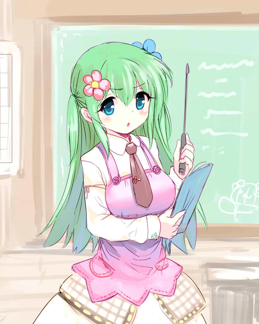 1girl aged_up ajitarou_(setsu) apron blue_eyes breasts brown_necktie classroom emil_chronicle_online flower green_hair hair_flower hair_ornament highres holding holding_rod long_hair medium_breasts necktie pink_apron rod school shabotan_alma