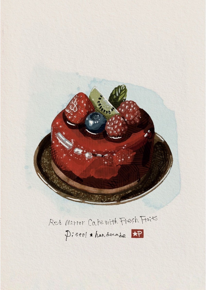 artist_name blueberry cake commentary english_text food food_focus food_name fruit highres kiwi_(fruit) kiwi_slice no_humans original painterly pistol_handmade_(artist) plate simple_background still_life strawberry sweets traditional_media