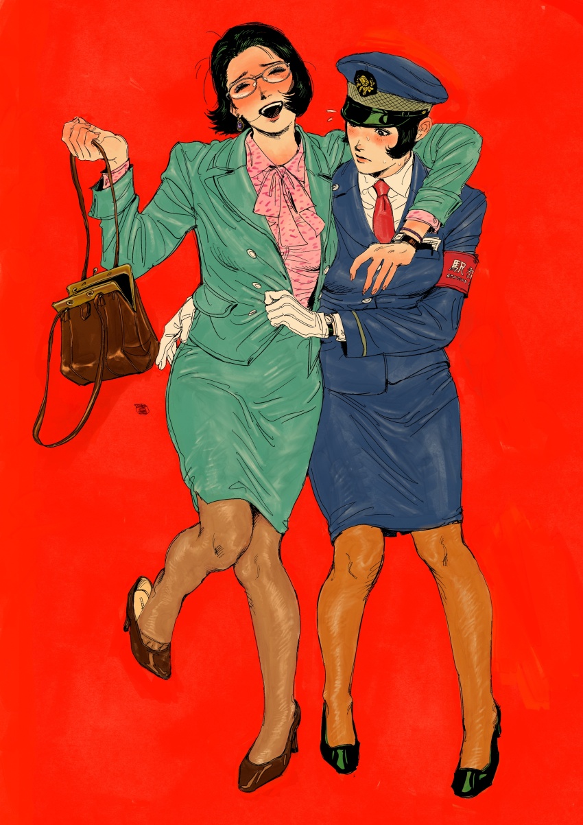 2girls absurdres blue_hat blue_jacket blue_skirt breasts drunk glasses green_jacket green_skirt hat highres jacket multiple_girls myojo_0120 necktie original pink_shirt police police_uniform policewoman red_background red_necktie shirt skirt white_background