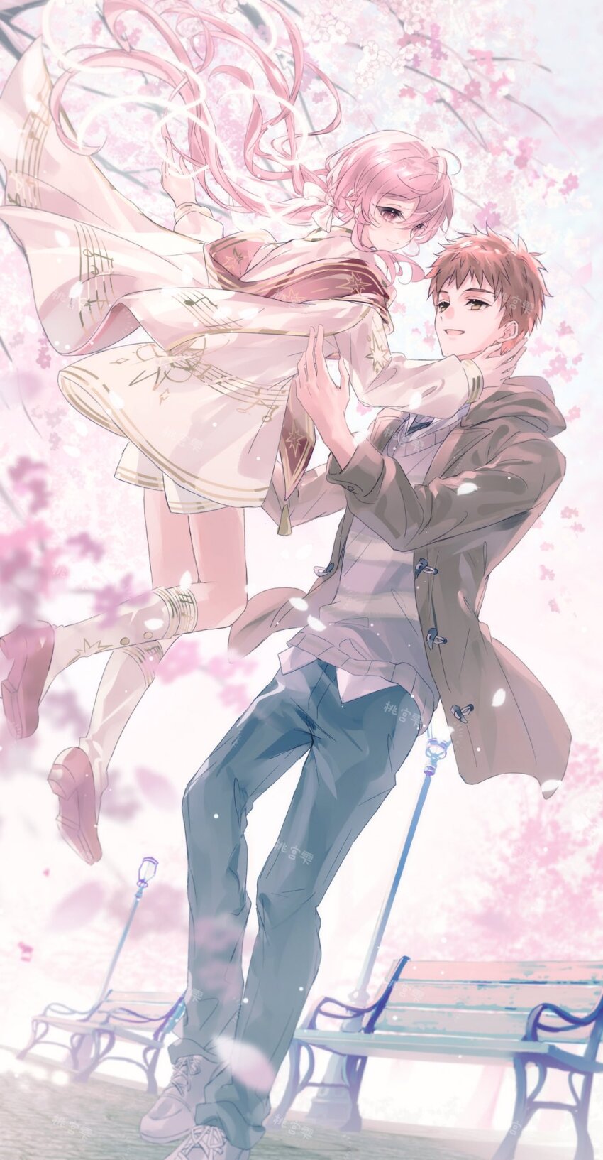 1boy 1girl artist_request breasts brown_vest closed_mouth couple dress emiya_shirou fate/stay_night fate_(series) full_body gray_suit hetero highres hug looking_at_viewer momomiya_shizuku_(gaoyue_jixiang) oc_x_canon open_mouth orange_hair original pastels pink_eyes pink_hair raglan_sleeves red_hair shoes smile socks standing thighhighs transparent_background vest