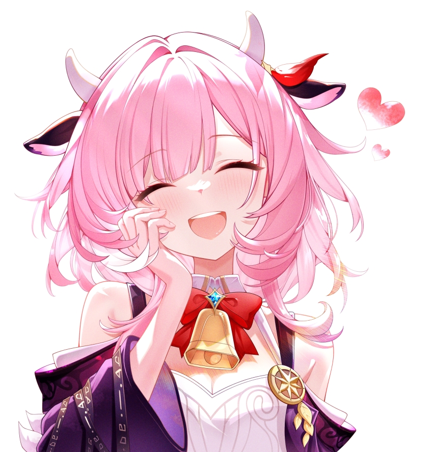 1girl absurdres animal_ears breasts chinese_commentary coat commentary_request cow_ears cow_horns cowboy_shot cyrene_(aedes_elysiae)_(honkai:_star_rail) cyrene_(honkai:_star_rail) dress fake_animal_ears fake_horns heart highres honkai:_star_rail honkai_(series) horns kaerbin multicolored_hair open_mouth pink_hair purple_coat short_hair simple_background small_breasts smile solo teeth two-tone_hair upper_teeth_only white_background white_dress white_hair
