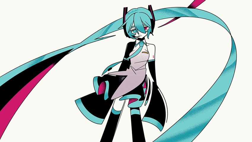 1girl aqua_hair bare_shoulders detached_sleeves feet_out_of_frame grey_shirt hatsune_miku heterochromia highres long_hair long_sleeves machigami_yoh miniskirt shirt simple_background skirt sleeveless sleeveless_shirt sleeves_past_fingers sleeves_past_wrists solo standing thighhighs twintails very_long_hair vocaloid white_background