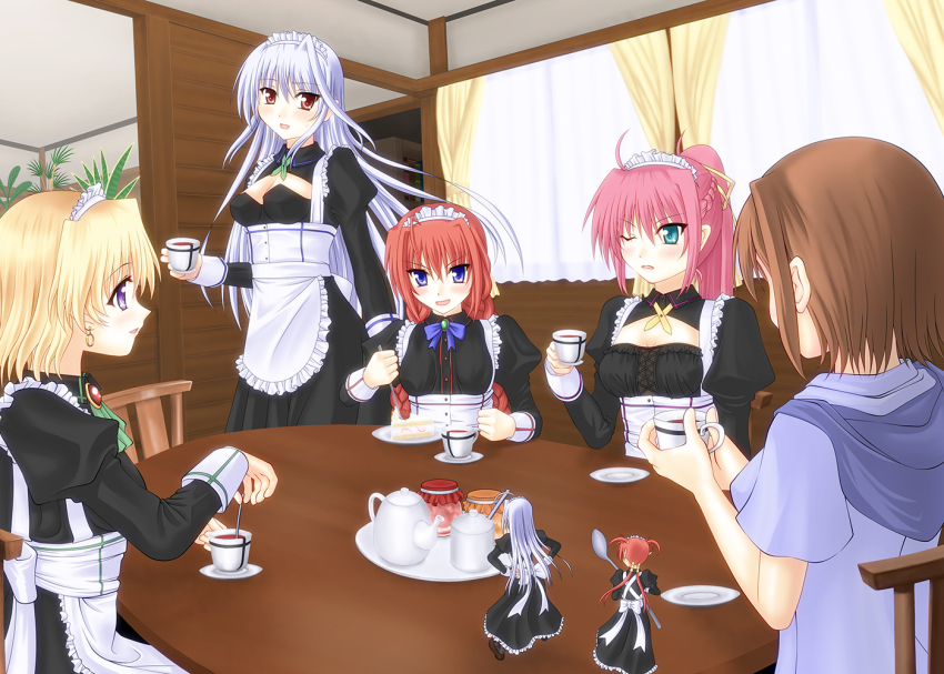 00s 6+girls agito agito_(nanoha) alternate_costume apron blonde_hair blue_eyes bow braid breasts brown_hair cake cleavage cup earrings enmaided food jewelry long_hair lyrical_nanoha mahou_shoujo_lyrical_nanoha mahou_shoujo_lyrical_nanoha_a&#039;s mahou_shoujo_lyrical_nanoha_strikers maid maid_apron maid_headdress medium_breasts mini_person minigirl multiple_girls pink_hair ponytail purple_eyes red_eyes red_hair reinforce reinforce_zwei shamal short_hair signum silver_hair smile sooichi_(diabolicemission) spoon teacup time_paradox twin_braids twintails two_side_up vita_(nanoha) yagami_hayate