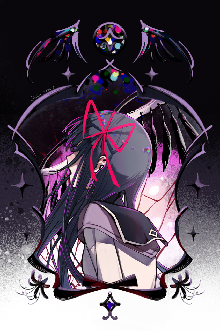 1girl akemi_homura akemi_homura_(magical_girl) black_background black_flower black_hair black_wings capelet commentary english_commentary feathered_wings flower from_behind hair_ribbon highres long_hair mahou_shoujo_madoka_magica mahou_shoujo_madoka_magica_(anime) moonie open_mouth purple_capelet red_ribbon ribbon solo soul_gem twitter_username white_background wings