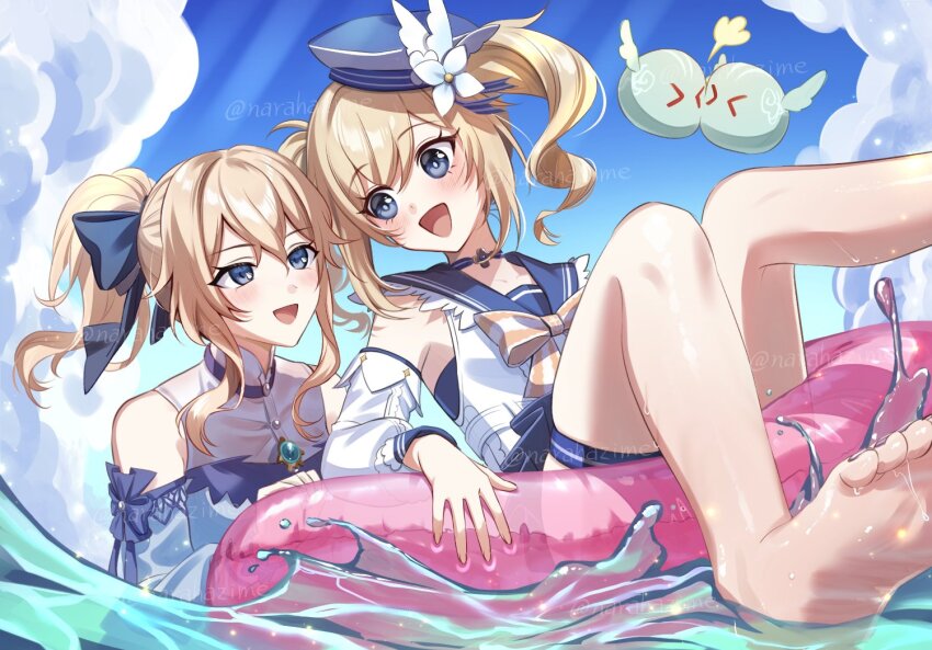 barbara_(genshin_impact) barbara_(summertime_sparkle)_(genshin_impact) bare_shoulders blonde_hair blue_eyes blush bow breasts detached_sleeves genshin_impact hair_between_eyes hair_bow hat innertube jean_(genshin_impact) jean_(sea_breeze_dandelion)_(genshin_impact) long_hair long_sleeves looking_at_viewer multiple_girls narahazime official_alternate_costume one-piece_swimsuit open_mouth ponytail siblings sisters slime_(genshin_impact) smile swim_ring swimsuit twintails white_sleeves