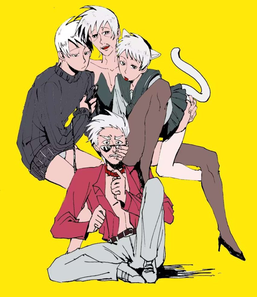 4boys akagi:_yami_ni_oritatta_tensai akagi_shigeru alternate_costume animal_ears black_eyes brown_pantyhose cat_boy cat_ears cat_tail chinese_commentary closed_mouth collared_shirt commentary_request crossdressing expressionless fukumoto_mahjong full_body grey_footwear grey_pants grey_sailor_collar grey_skirt grey_sweater hand_on_another&#039;s_cheek hand_on_another&#039;s_face highres hirayama_yukio looking_at_viewer male_focus multiple_boys multiple_persona nanji_yuan_zhumin open_mouth pants pantyhose red_shirt sailor_collar shirt shoes short_hair simple_background skirt smile sunglasses sweater tail ten_(manga) v-shaped_eyebrows yaoi yellow_background