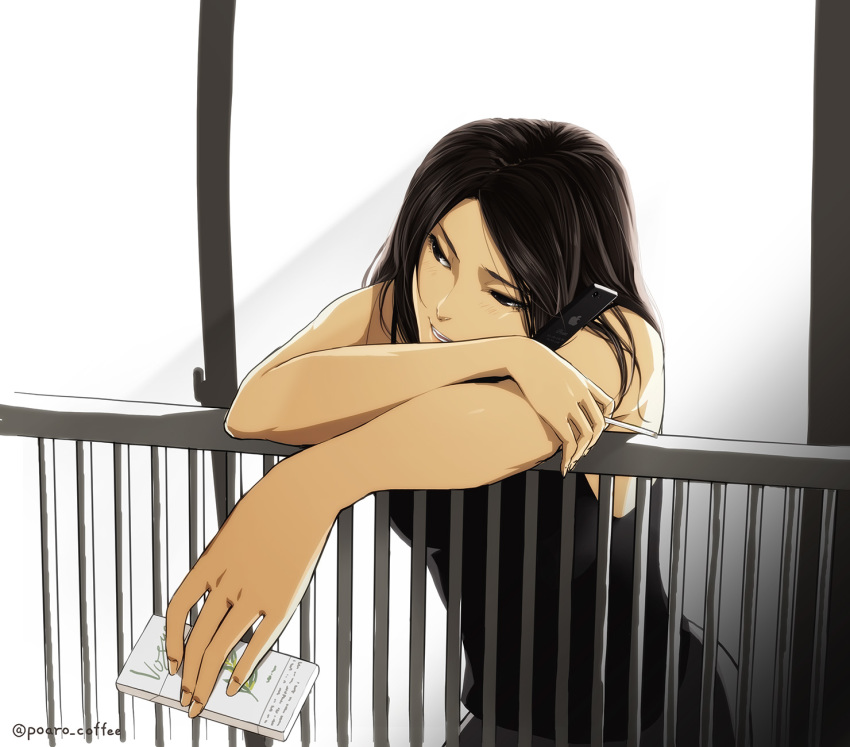 1girl apple_inc. balcony bare_shoulders black_eyes black_hair black_shirt cellphone cigarette cigarette_pack duplicate fingernails head_rest highres iphone looking_to_the_side original outstretched_arm phone pixel-perfect_duplicate poaro railing shirt smartphone solo tank_top twitter_username window