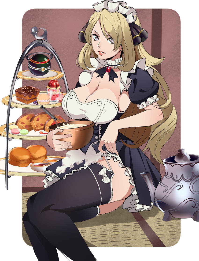 1girl absurdres alternate_costume black_thighhighs blonde_hair bowl bread breasts cake cake_stand cleavage cynthia_(pokemon) dress enmaided food frills grey_eyes highres holding holding_bowl krius_ol large_breasts luxury_ball macaron maid maid_headdress nintendo parted_lips plate poke_ball pokemon pokemon_dppt puffy_short_sleeves puffy_sleeves short_sleeves solo teapot thighhighs whisk