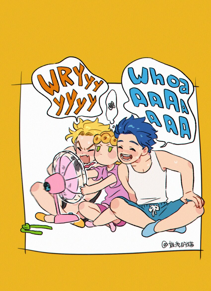 3boys blonde_hair blue_hair closed_eyes dio_brando electric_fan family fan_speaking father_and_son giorno_giovanna green_eyes highres honlo indian_style jojo_no_kimyou_na_bouken jonathan_joestar leaning_forward long_hair male_focus multiple_boys open_mouth pink_shirt shirt short_hair shorts sitting sweat tank_top vento_aureo wryyyyyyyyyyyyyyyyyyyy