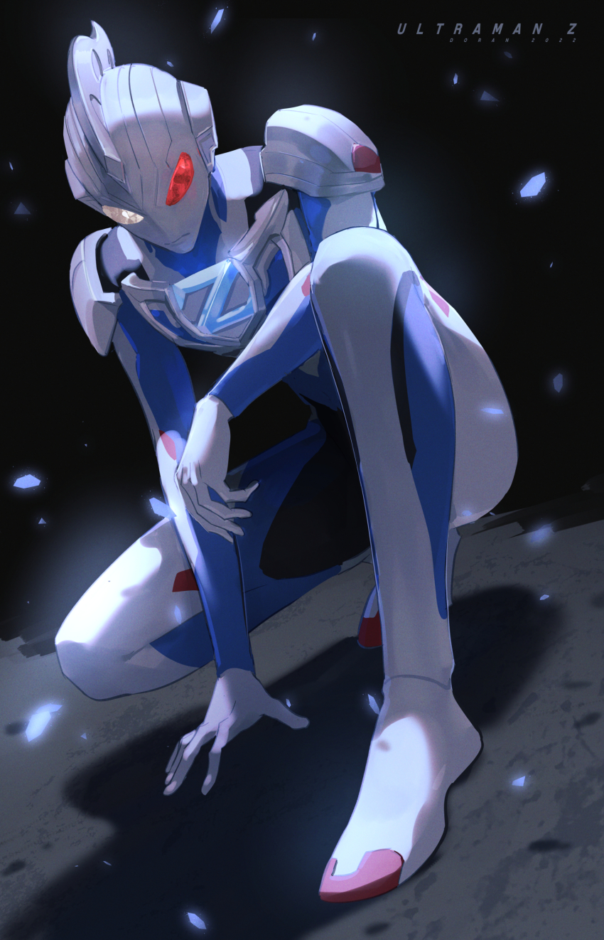 1boy absurdres alien bad_id bad_twitter_id bodysuit character_name copyright_name doran_(doran7280) dorsal_fin heterochromia highres kneeling male_focus moon moonlight multicolored_bodysuit possessed red_eyes science_fiction shadow space transformation ultra_series ultraman_z ultraman_z_(original) ultraman_z_(series) white_footwear yellow_eyes