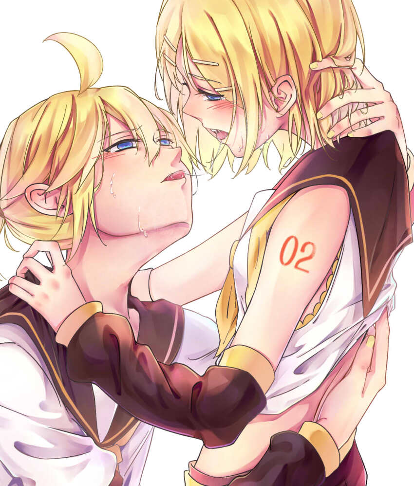 1boy 1girl after_kiss arm_tattoo arm_warmers barefoot blonde_hair blue_eyes blush bow brother_and_sister close-up crying incest kagamine_len kagamine_rin looking_at_another neckerchief number_tattoo ponytail sailor_collar saliva saliva_trail shirt short_hair siblings tattoo twincest twins vocaloid white_shirt yellow_neckerchief