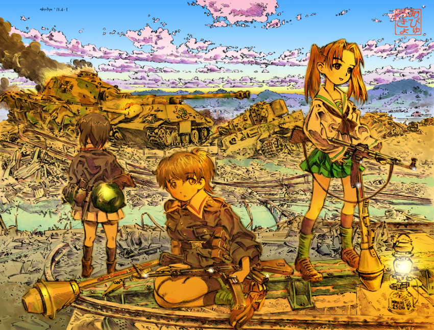 10s 3girls abyuukyo_(abyukyo) artist_name assault_rifle battlefield bayonet belt brown_eyes brown_hair canteen caterpillar_tracks cloud cloudy_sky combat_helmet cross day destruction emblem fire girls_und_panzer green_skirt gun helmet iron_cross jagdpanzer_38(t) kadotani_anzu kawashima_momo koyama_yuzu lantern long_hair machine_gun man-portable_anti-tank_systems mg_42 military military_vehicle motor_vehicle multiple_girls ooarai_(emblem) ooarai_school_uniform panzerfaust ponytail pouch recoilless_gun rifle sailor_collar school_uniform serafuku short_hair short_ponytail skirt sky smoke stahlhelm stg44 tank tank_destroyer tiger_i tiger_ii turretless_tank twilight twintails vehicle war weapon wehrmacht