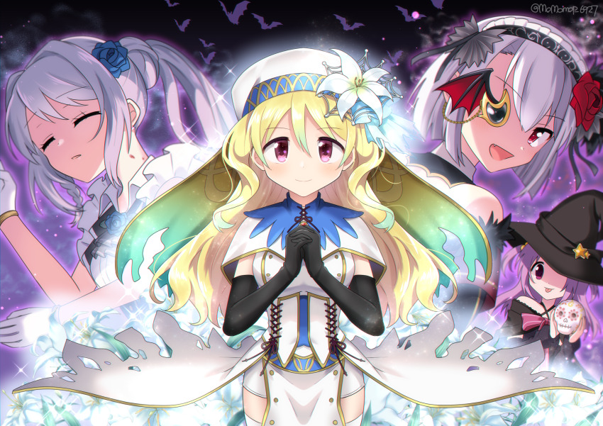 4girls black_gloves black_headwear blonde_hair blue_flower blush calavera capelet closed_eyes closed_mouth daffodil dress elbow_gloves fang flower gloves grey_hair hair_flower hair_ornament hat highres holding holding_skull izumi_kanagi izumi_kanagi_(vampire_ver.) long_hair looking_at_viewer magia_record:_mahou_shoujo_madoka_magica_gaiden magical_girl mahou_shoujo_madoka_magica maid_headdress misono_karin momo_tomato monocle multiple_girls official_alternate_costume open_mouth own_hands_together parted_bangs purple_eyes purple_hair red_eyes short_hair skull smile thighhighs togame_momoko togame_momoko_(sister_ver.) torn_clothes torn_dress two_side_up white_capelet white_dress white_flower white_hair witch_hat yakumo_mitama