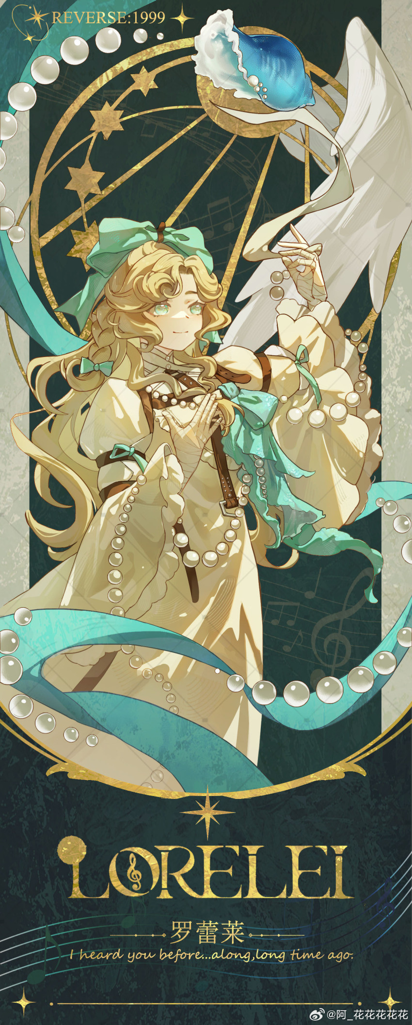 1girl a_huahuahuahuahua absurdres aqua_bow aqua_eyes bandaged_hand bandages blonde_hair bow character_name chinese_text conch copyright_name dress english_text green_background hair_bow hands_up highres juliet_sleeves long_dress long_hair long_sleeves lorelei_(reverse:1999) puffy_sleeves reverse:1999 smile solo sparkle upper_body very_long_hair wavy_hair white_dress wide_sleeves