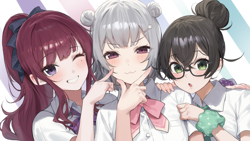 3girls :3 black-framed_eyewear black_bow black_hair blush bow brown_hair cevio collared_shirt commentary_request double_bun dress_shirt flower glasses green_eyes green_scrunchie grey_hair hair_between_eyes hair_bow hair_bun hair_flower hair_ornament hairclip hanakuma_chifuyu hand_on_own_chin hand_up highres koharu_rikka long_hair looking_at_viewer mole mole_under_eye multiple_girls natsuki_karin one_eye_closed parted_lips pink_bow ponytail purple_bow purple_eyes purple_scrunchie scrunchie shirt short_sleeves smile upper_body v-shaped_eyebrows white_flower white_shirt wrist_scrunchie yappen
