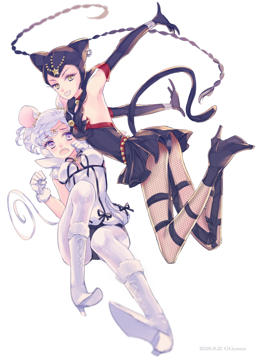 10s 2016 2girls :o animal_ears armpits artist_name bad_id bad_pixiv_id bishoujo_senshi_sailor_moon bishoujo_senshi_sailor_moon_stars black_gloves black_panties black_skirt boots brooch cat_ears cat_tail dated elbow_gloves fishnet_legwear fishnets full_body gloves grin highres jewelry knee_boots lace-up_boots looking_at_viewer miniskirt mouse_ears mouse_tail multiple_girls open_mouth panties pantyhose purple_eyes sailor_collar sailor_iron_mouse sailor_senshi sailor_tin_nyanko saki_(hxaxcxk) short_hair skirt smile star_brooch tail underwear white_background white_footwear white_gloves white_hair white_legwear yellow_eyes