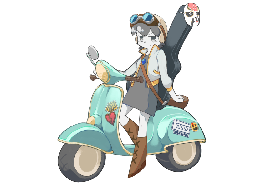 1girl best_buy black_hair boots broken_heart brown_boots closed_mouth colored_skin commentary commentary_request cookie_(touhou) dress english_commentary full_body goggles goggles_on_head grey_dress grey_jacket grey_skin guitar_case heart highres instrument_case jacket kofji_(cookie) long_sleeves looking_at_viewer mask mixed-language_commentary motor_vehicle on_scooter scooter simple_background sitting smile smiley_face solo ukiwagirl v-shaped_eyebrows white_background