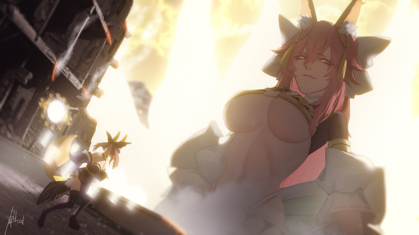 2girls alternate_breast_size amaterasu_(fate) animal_ear_fluff animal_ears bare_shoulders blue_kimono blue_thighhighs breasts cleavage detached_sleeves dual_persona fate/extra fate_(series) fox_ears fox_girl fox_tail giant giantess hair_ribbon japanese_clothes kimono large_breasts long_hair multiple_girls navel official_alternate_costume pink_hair ribbon smile split_ponytail suiten_nikkou_amaterasu_yanoshisu_ishi tail tamamo_(fate) tamamo_no_mae_(fate/extra) thighhighs twintails underboob xphlln yellow_eyes
