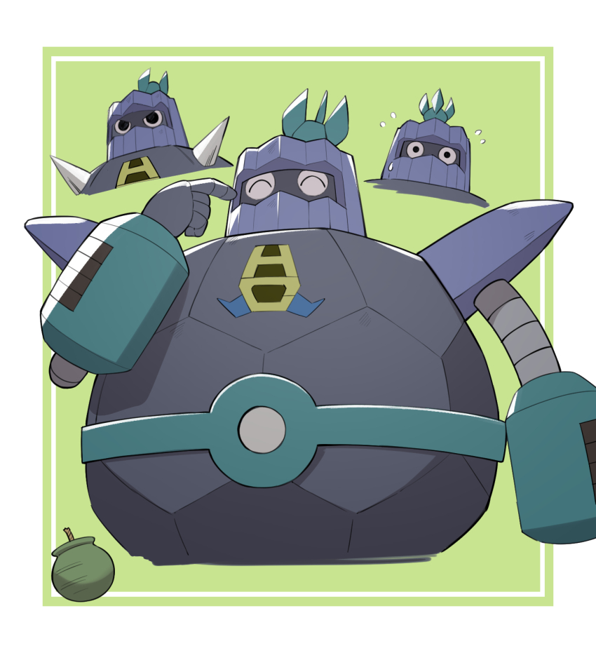 1boy black_eyes bomb bomberman border cropped_legs explosive flying_sweatdrops grand_bomber happy highres kinoshita_jiroh male_focus multiple_views pointing pointing_at_self robot white_border