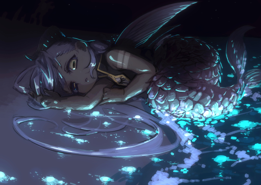 1girl absurdres amaryllis_gumi beach bioluminescence black_eyes black_vest dark-skinned_female dark_skin expressionless feral_lemma fins full_body glowing grey_hair heterochromia highres horizontal_pupils horns long_hair looking_at_viewer lying mermaid monster_girl monsterification night on_side open_mouth outdoors shoulder_fins solo star_(sky) vest virtual_youtuber yellow_eyes yotsutsuji_mayoi